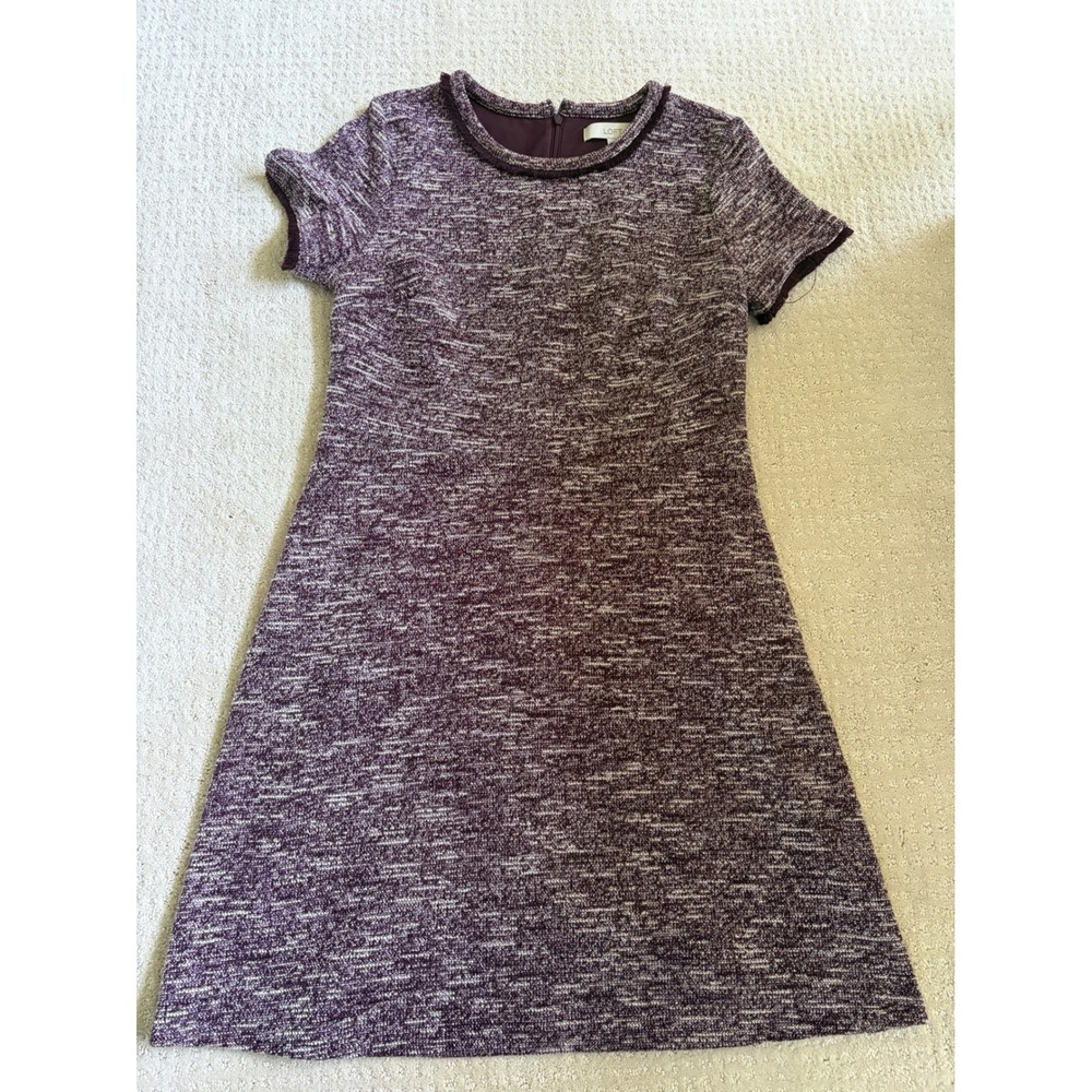 Loft Womens Burgundy Marled‎ Tweed Fringe Trim Short Sleeve Shift Dress Size 8